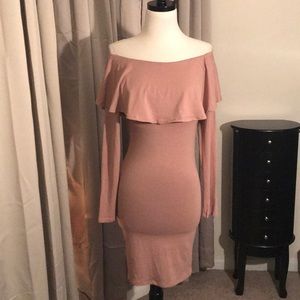 NWOT TAN OFF SHOULDER RUFFLE FITTED DRESS